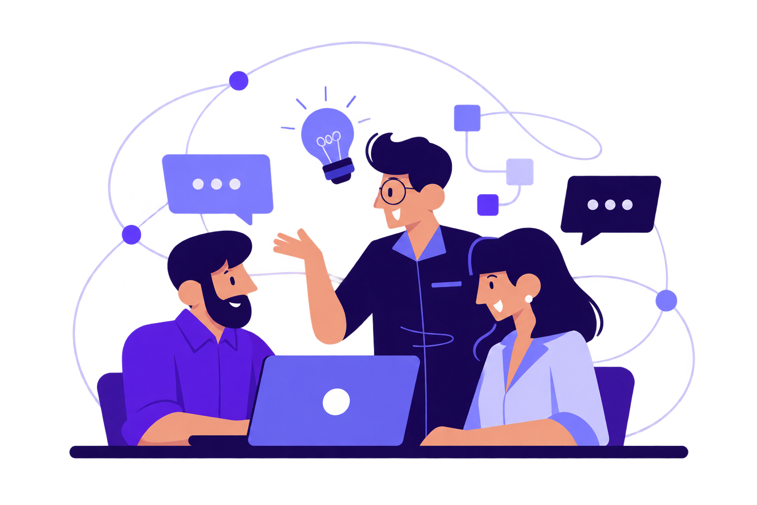 Flat vector illustration of three technology professionals collaborating around a laptop