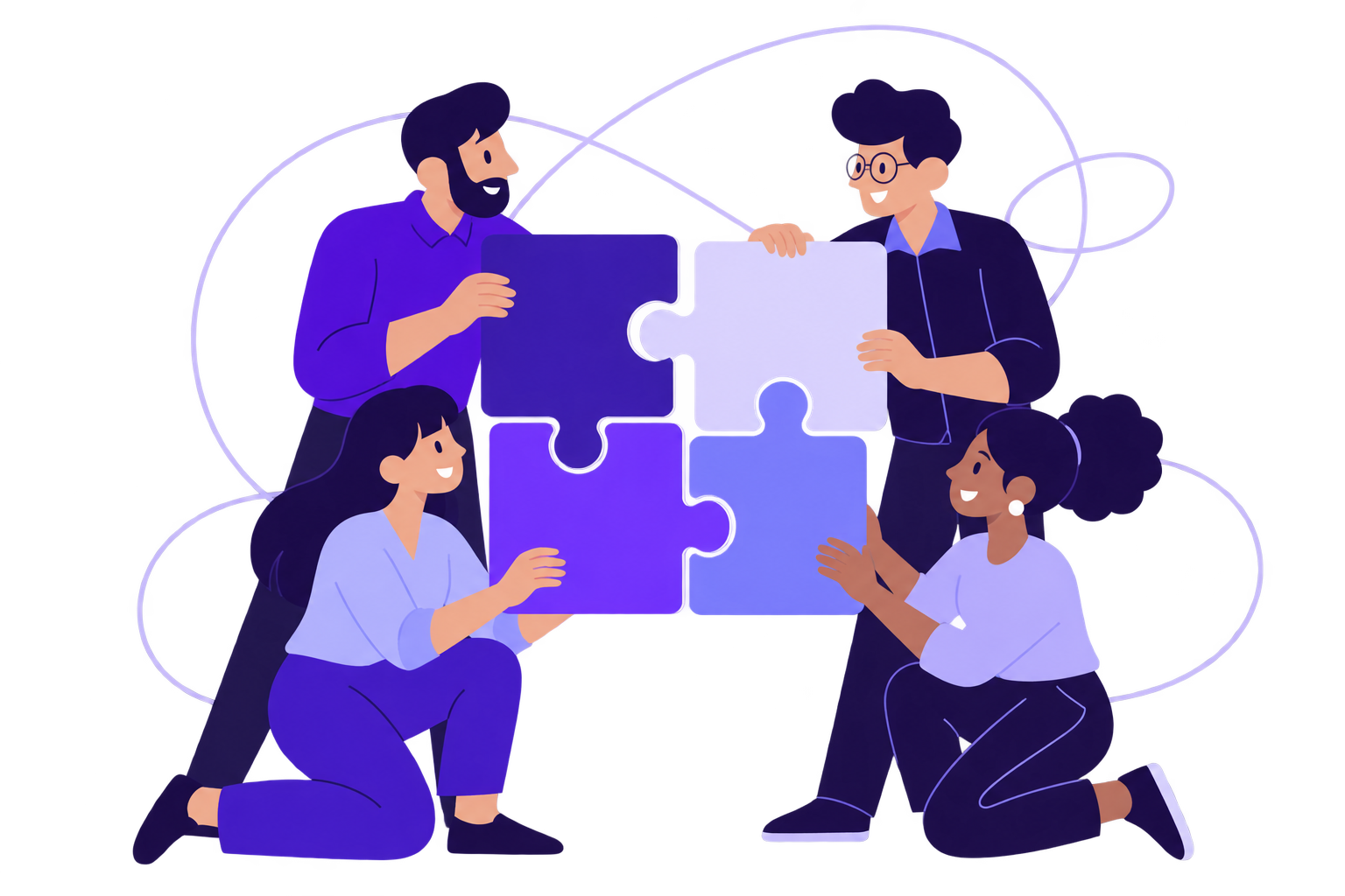 Flat vector illustration of a diverse team assembling puzzle pieces together